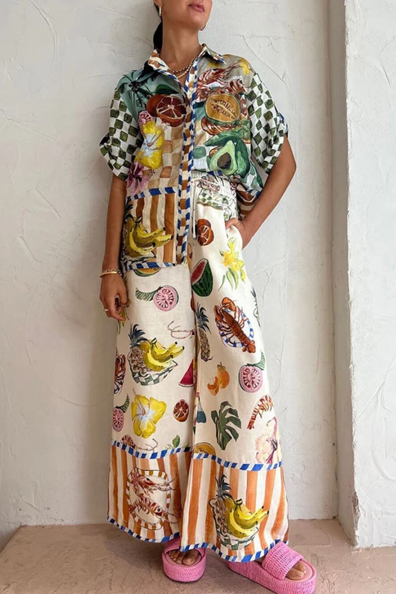 Artistic Colorful Fruit Print Casual Two-Piece Set-ROVOLE