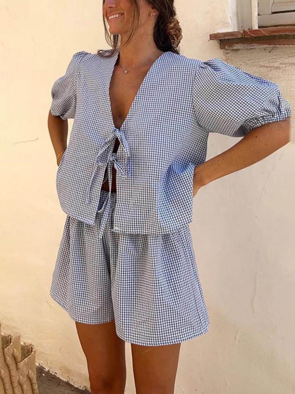 Plaid Front Lace-up Puff Sleeve Top and Elastic Waist Shorts Set-Massicos
