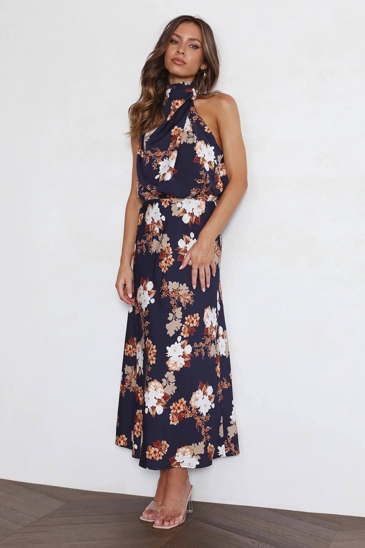 Wine Country Dates Floral Halter Neck Elastic Waist Maxi Dress-Massicos