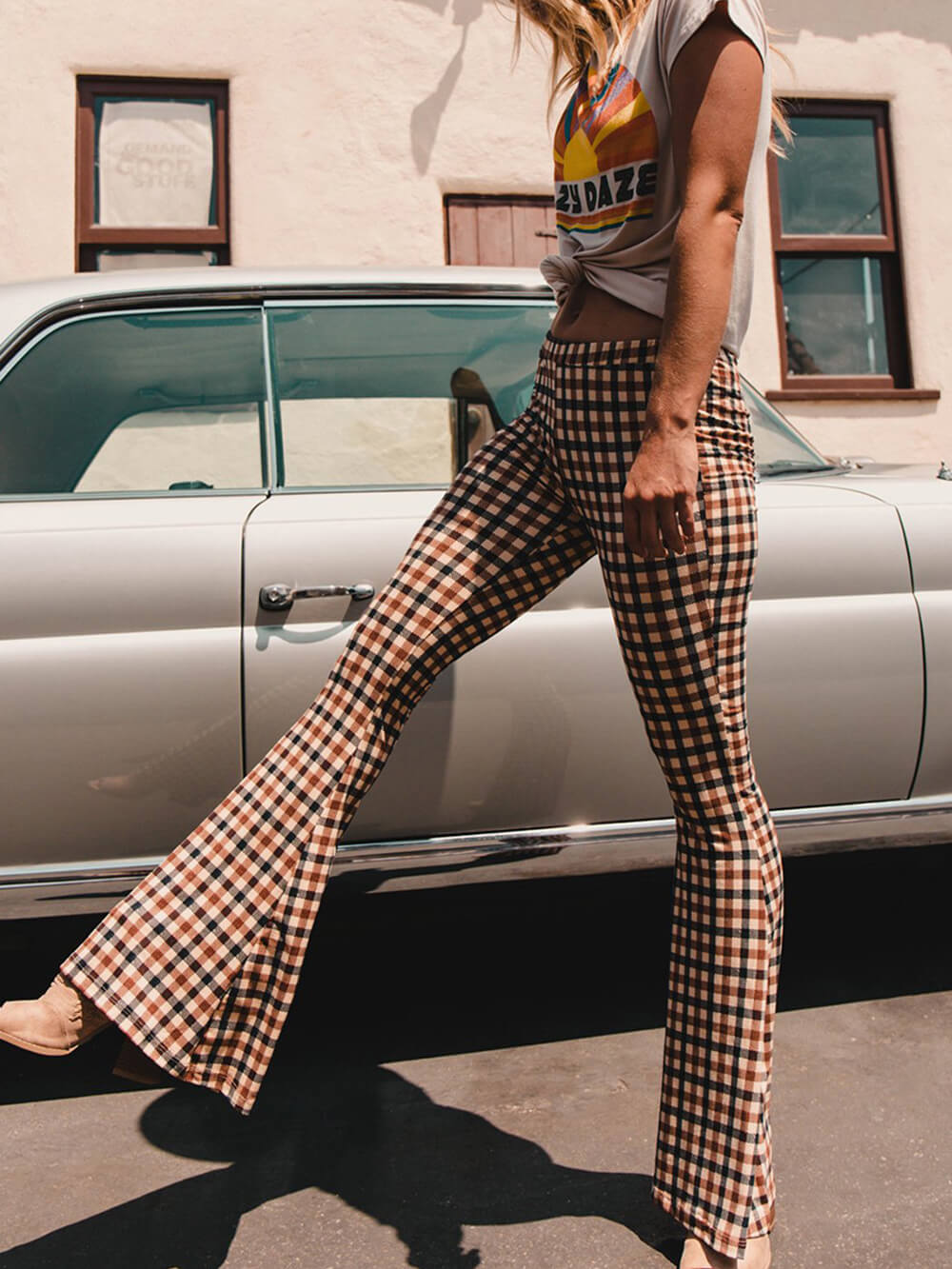 Versatile Casual Plaid Bootcut Trousers-Massicos