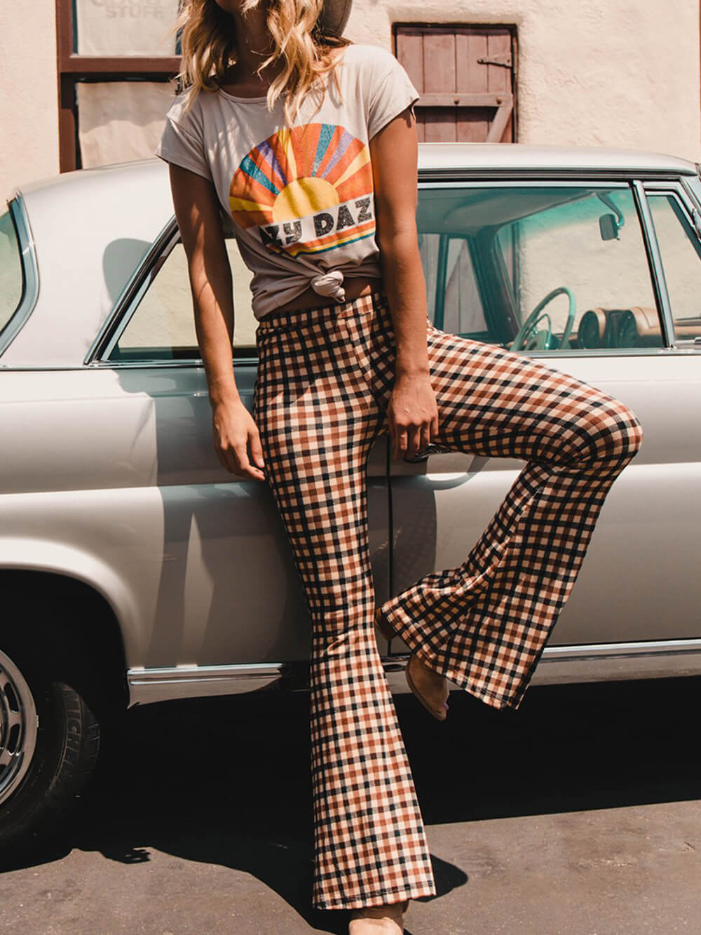 Versatile Casual Plaid Bootcut Trousers-Massicos