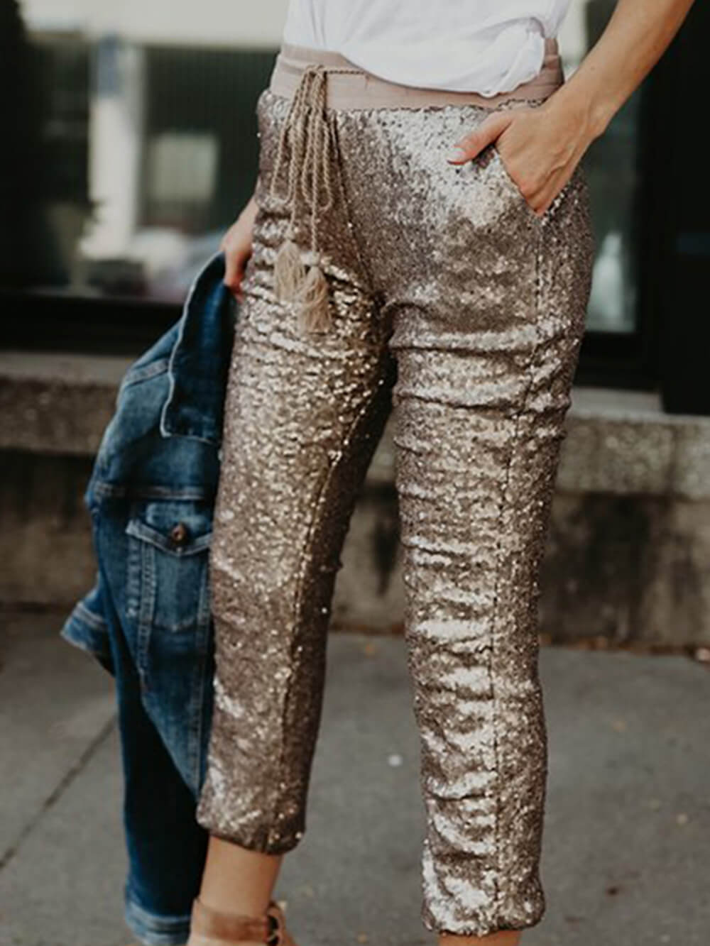 Sequined Elastic Waist Tie Trousers-Massicos
