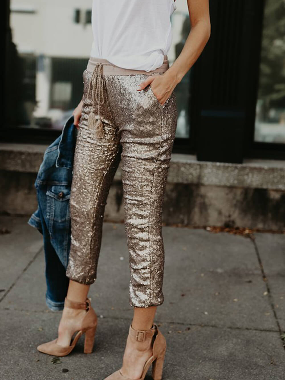 Sequined Elastic Waist Tie Trousers-Massicos