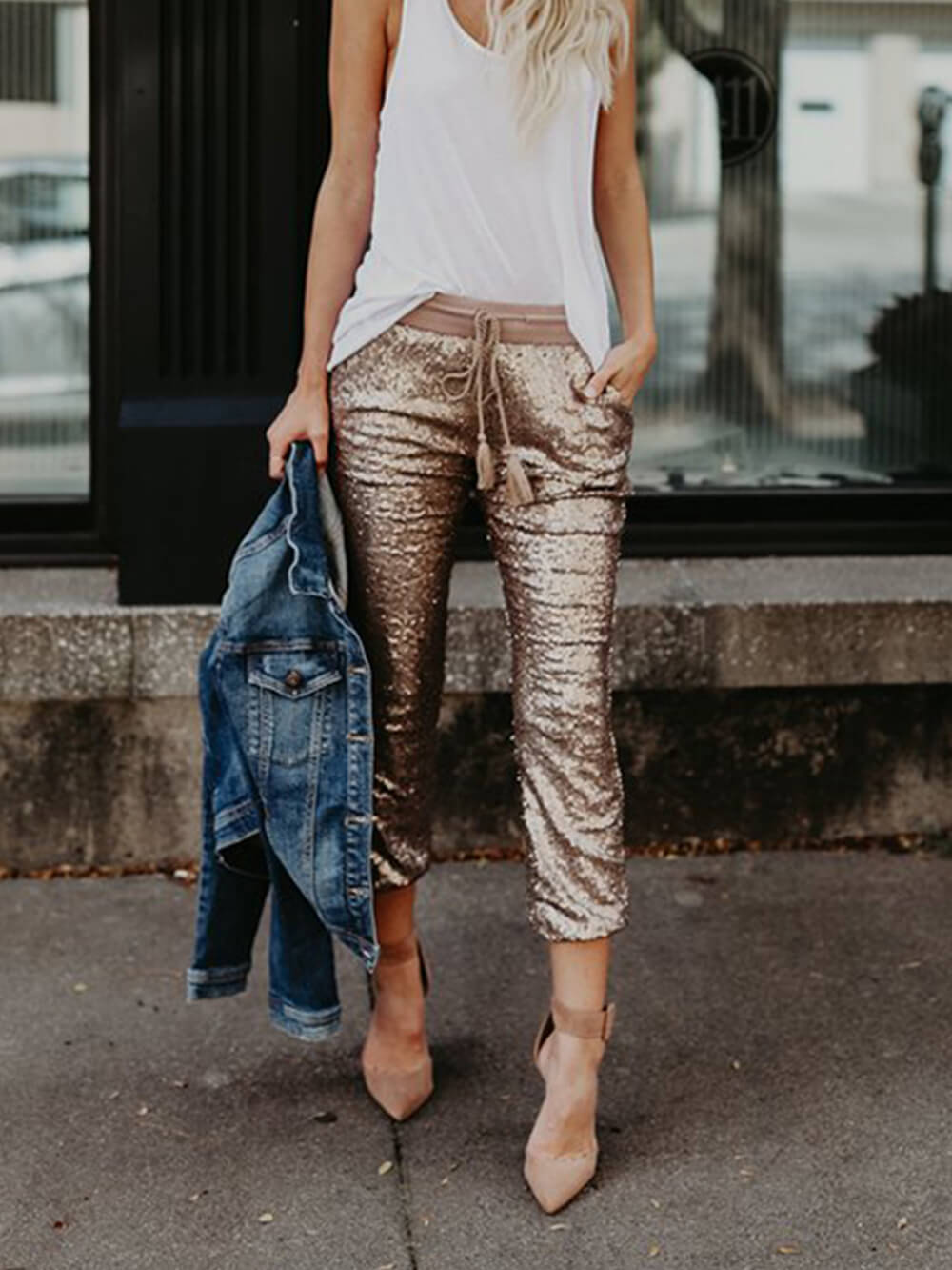 Sequined Elastic Waist Tie Trousers-Massicos