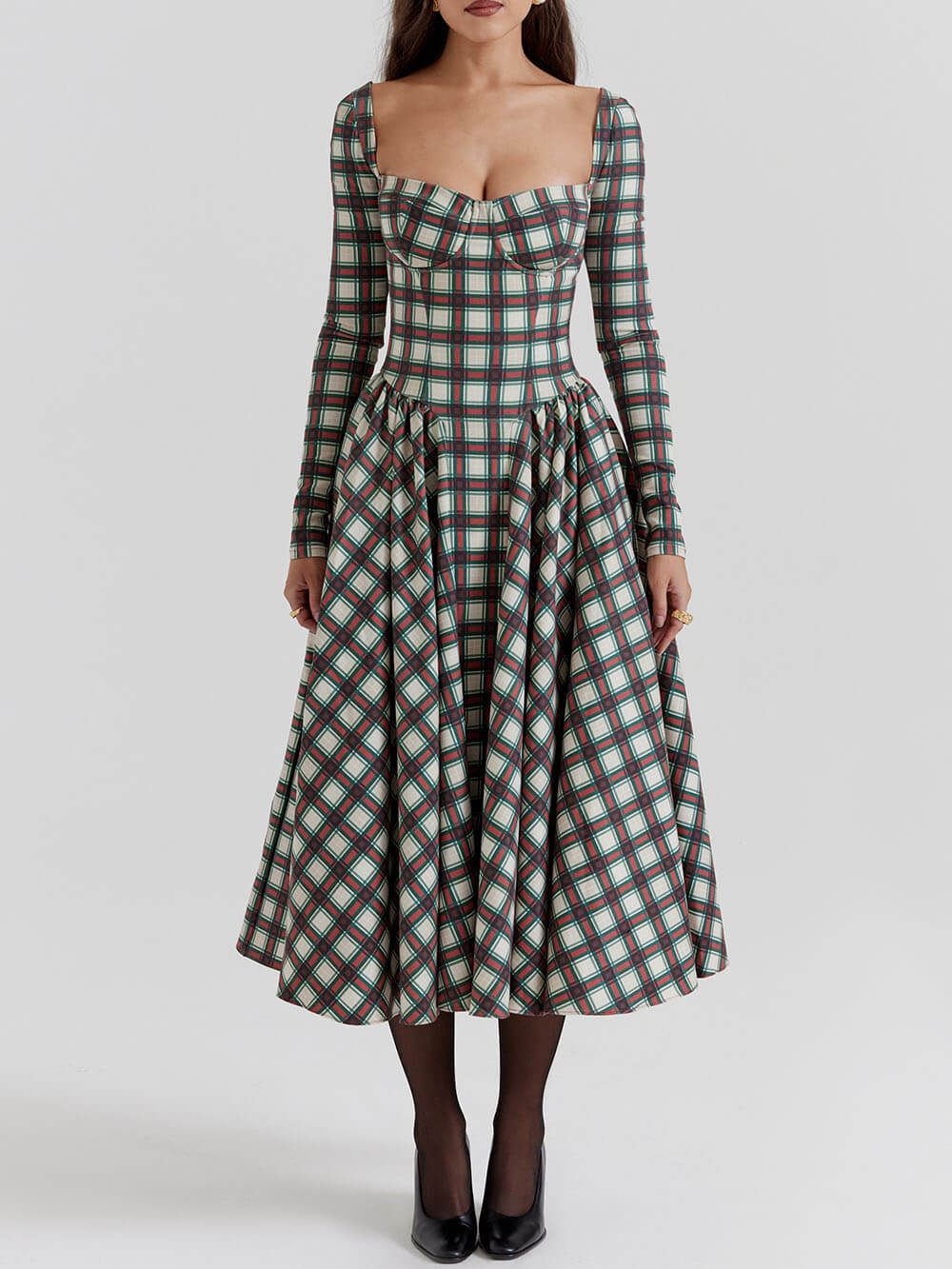 Red Tartan Corset Midi Dress-Massicos