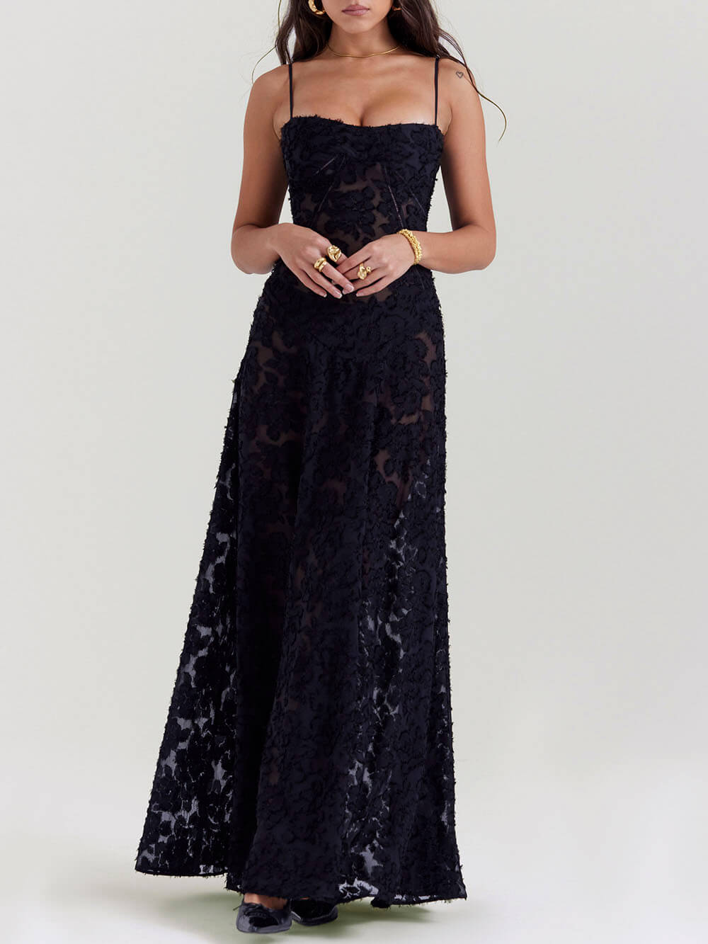 Black Floral Lace Back Maxi Dress-Massicos