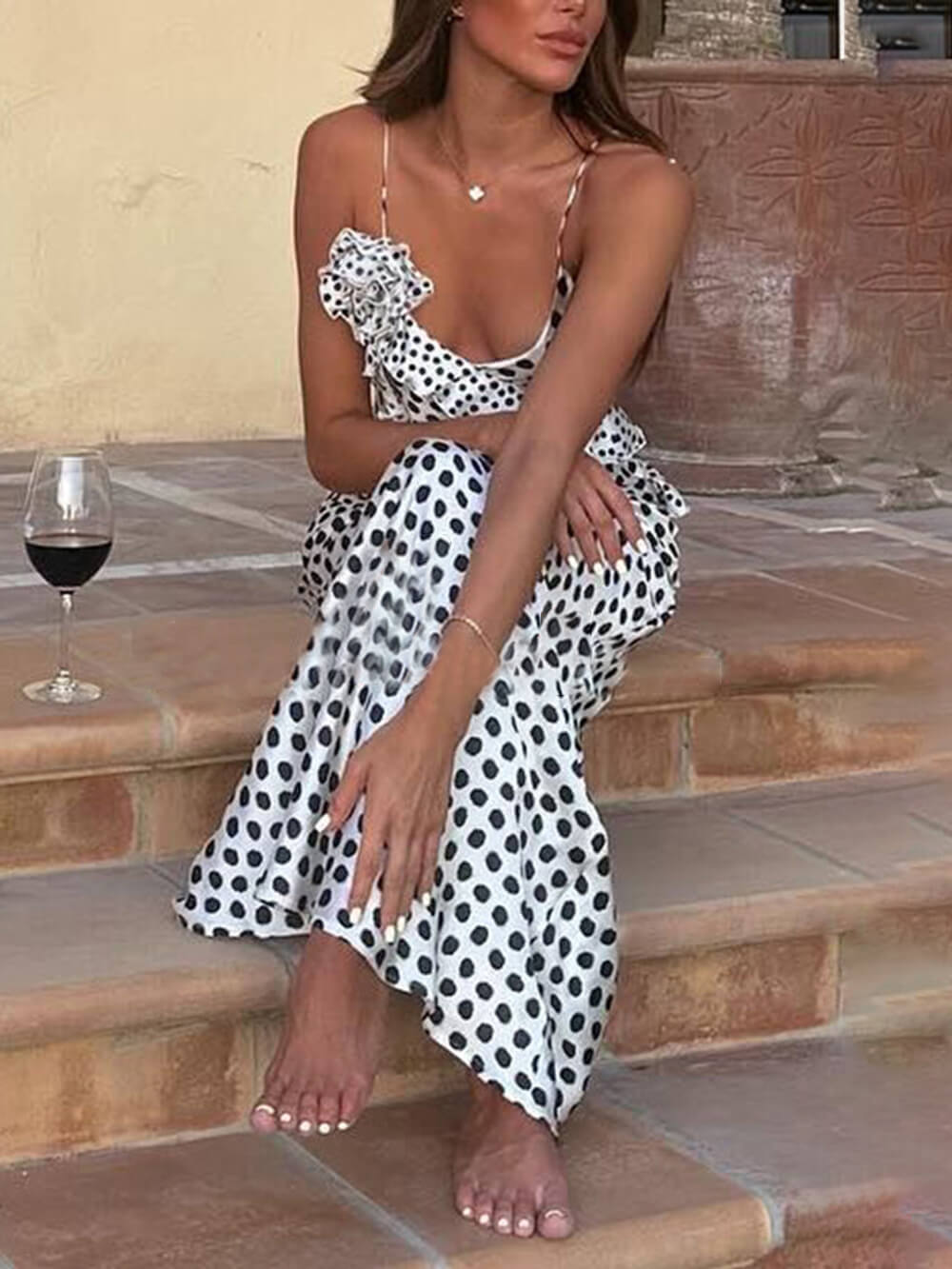 Fantasy Polka Dot Print Guipure Ruffled Suspender Maxi  Dress-ROVOLE