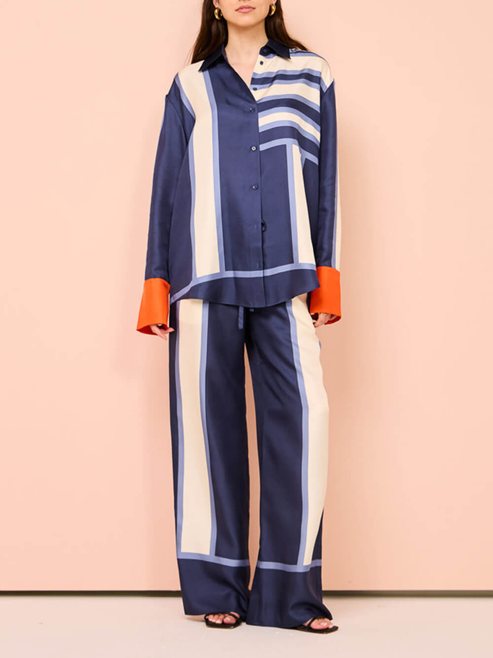 Striped Patchwork Unique Printed Elastic Waist Pocket Wide Leg Pants-Massicos