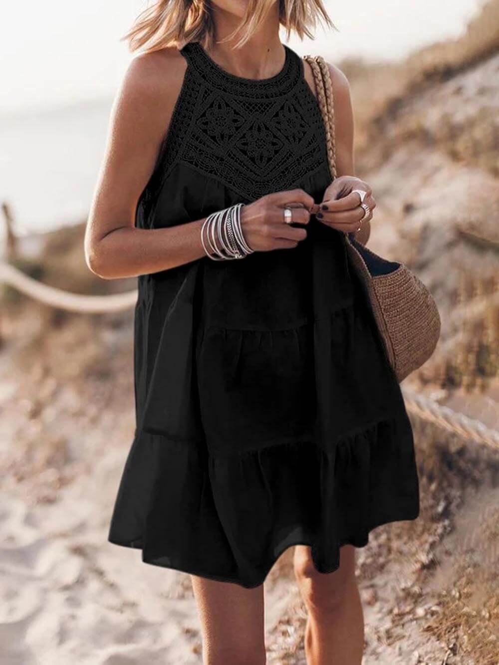 Hollow Lace Patchwork Halterneck A-Line Mini Dress-Massicos