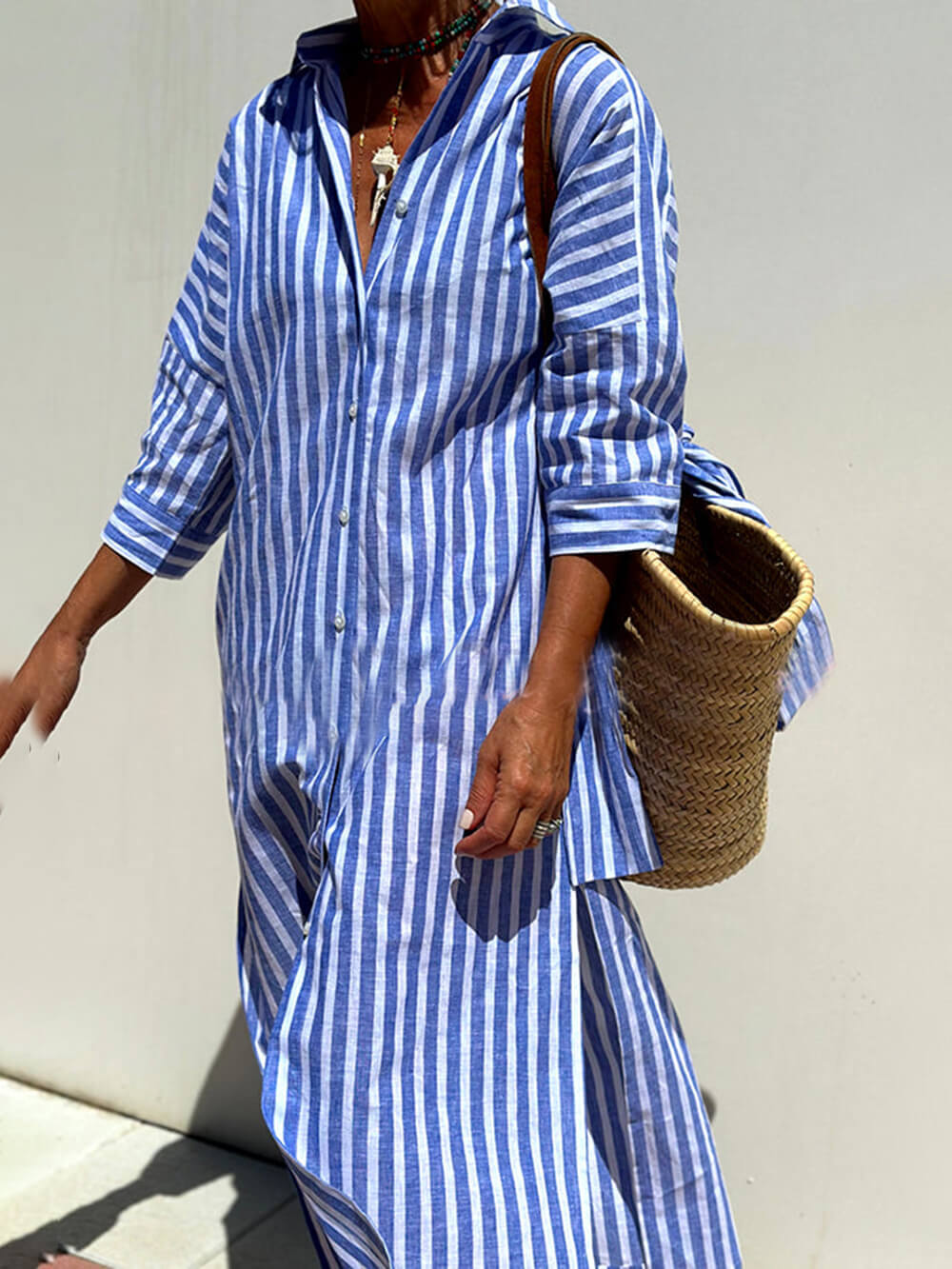 Splendor Stripes Printed Button Half Sleeve Belt Shirt Midi Dress-Massicos