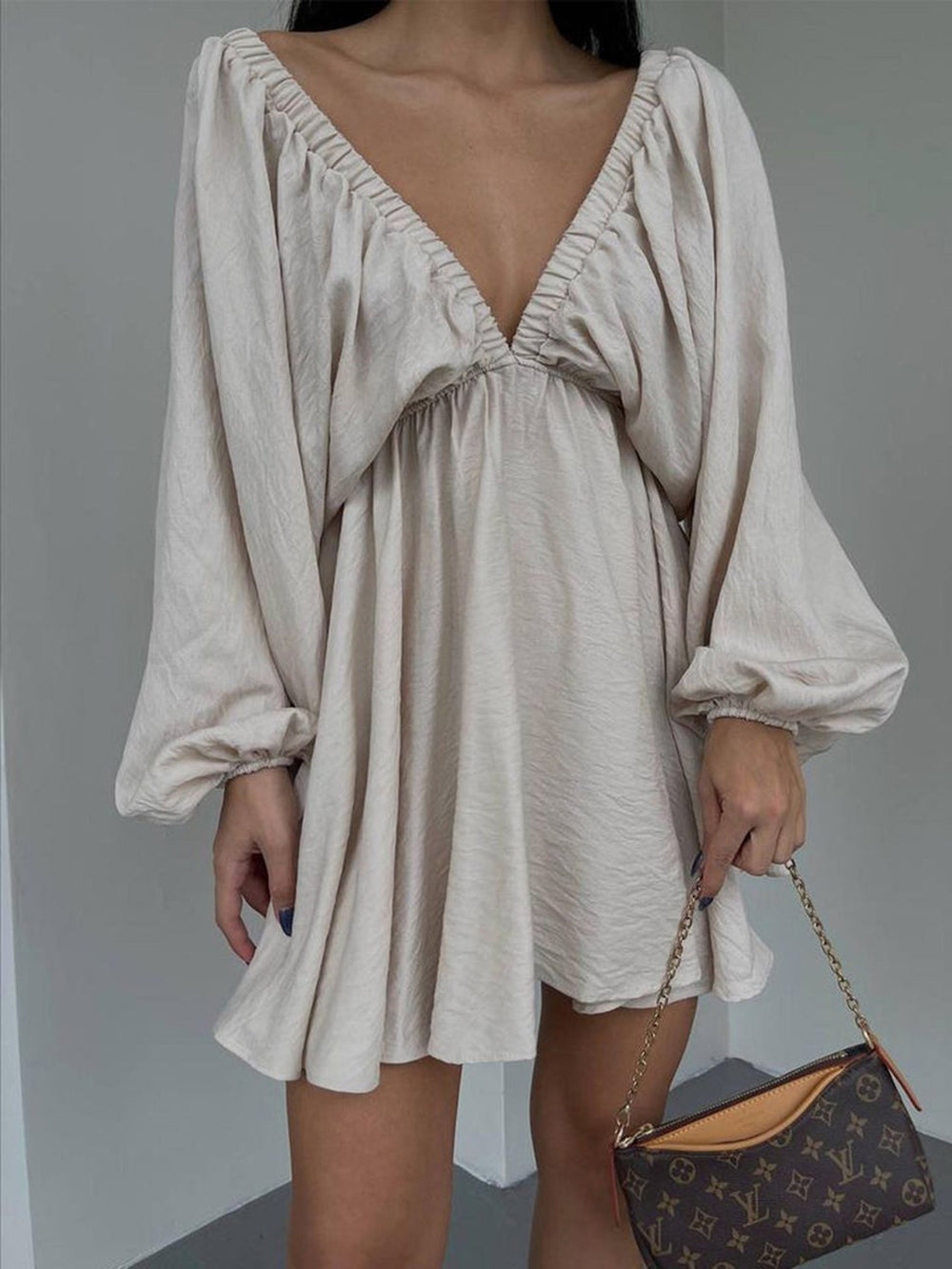Woven Plunge Skater Mini Dress-Massicos