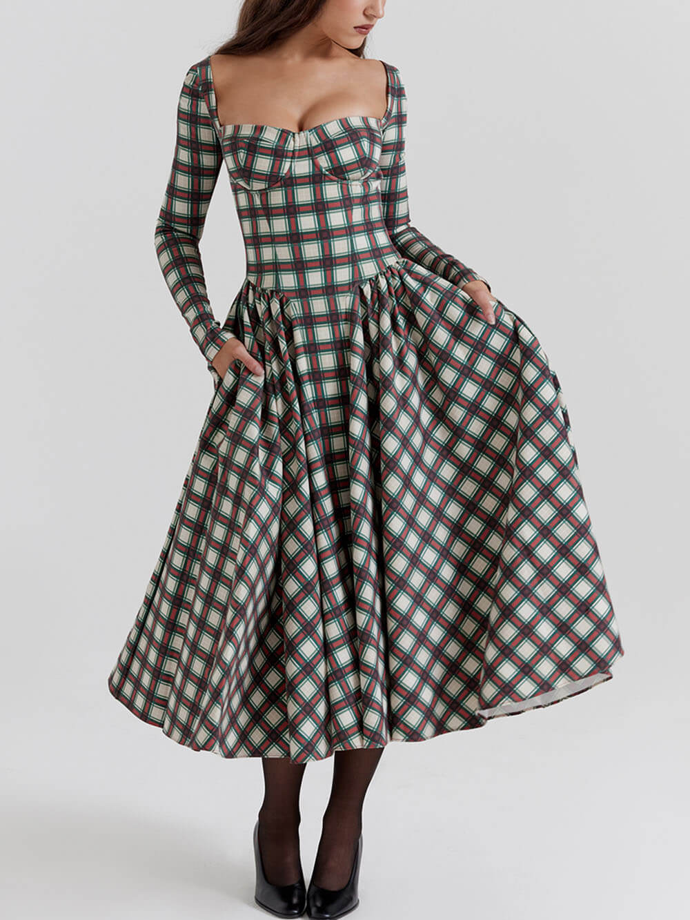Red Tartan Corset Midi Dress-Massicos