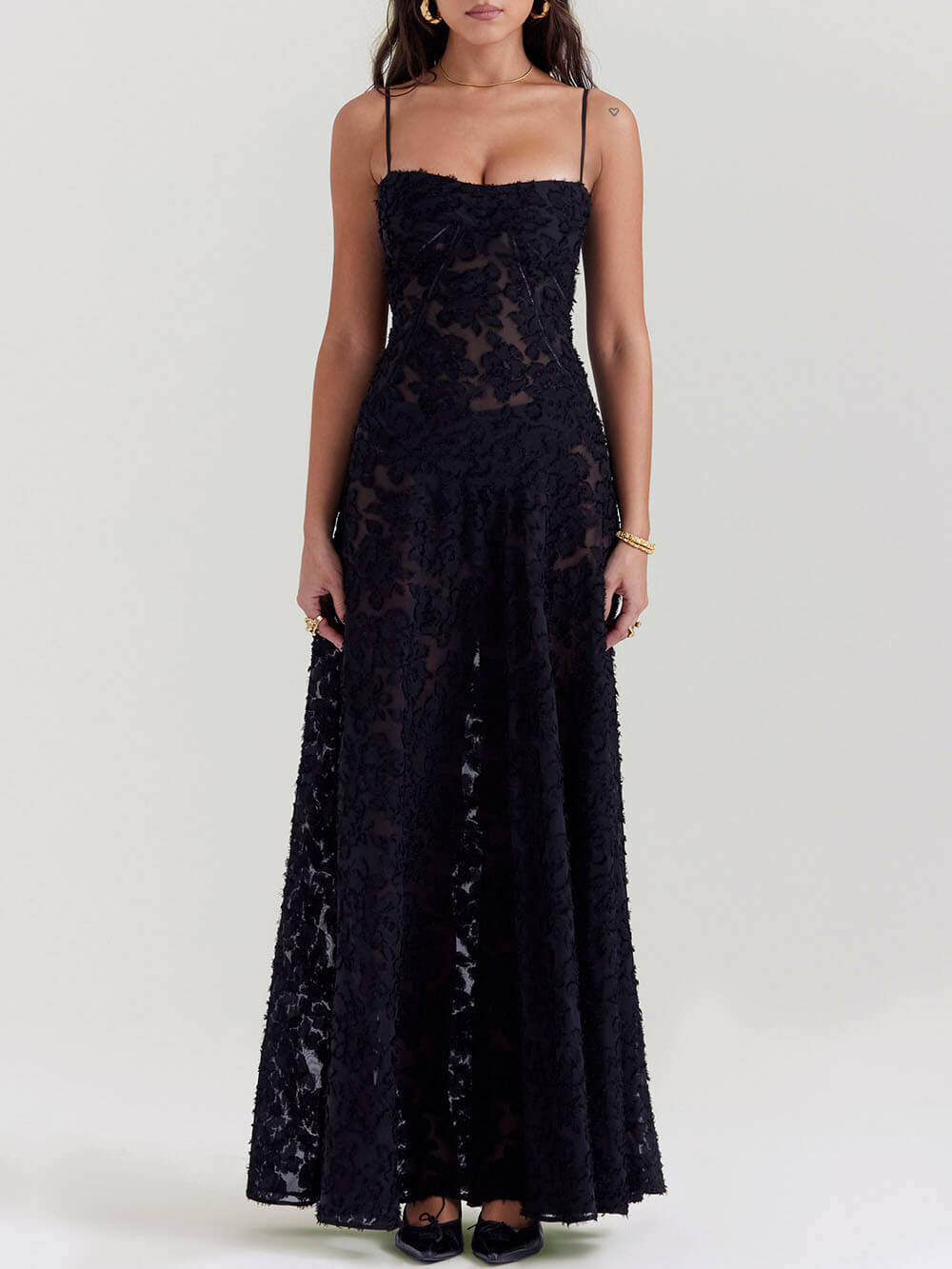 Black Floral Lace Back Maxi Dress-Massicos
