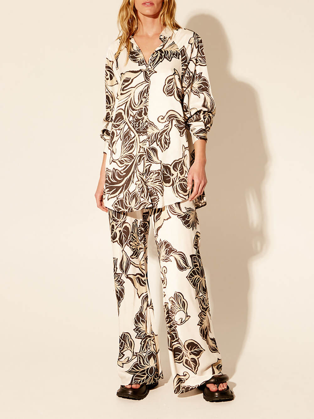 Exquisite Floral Print Elastic Loose Pocket Wide Leg Pants-Massicos