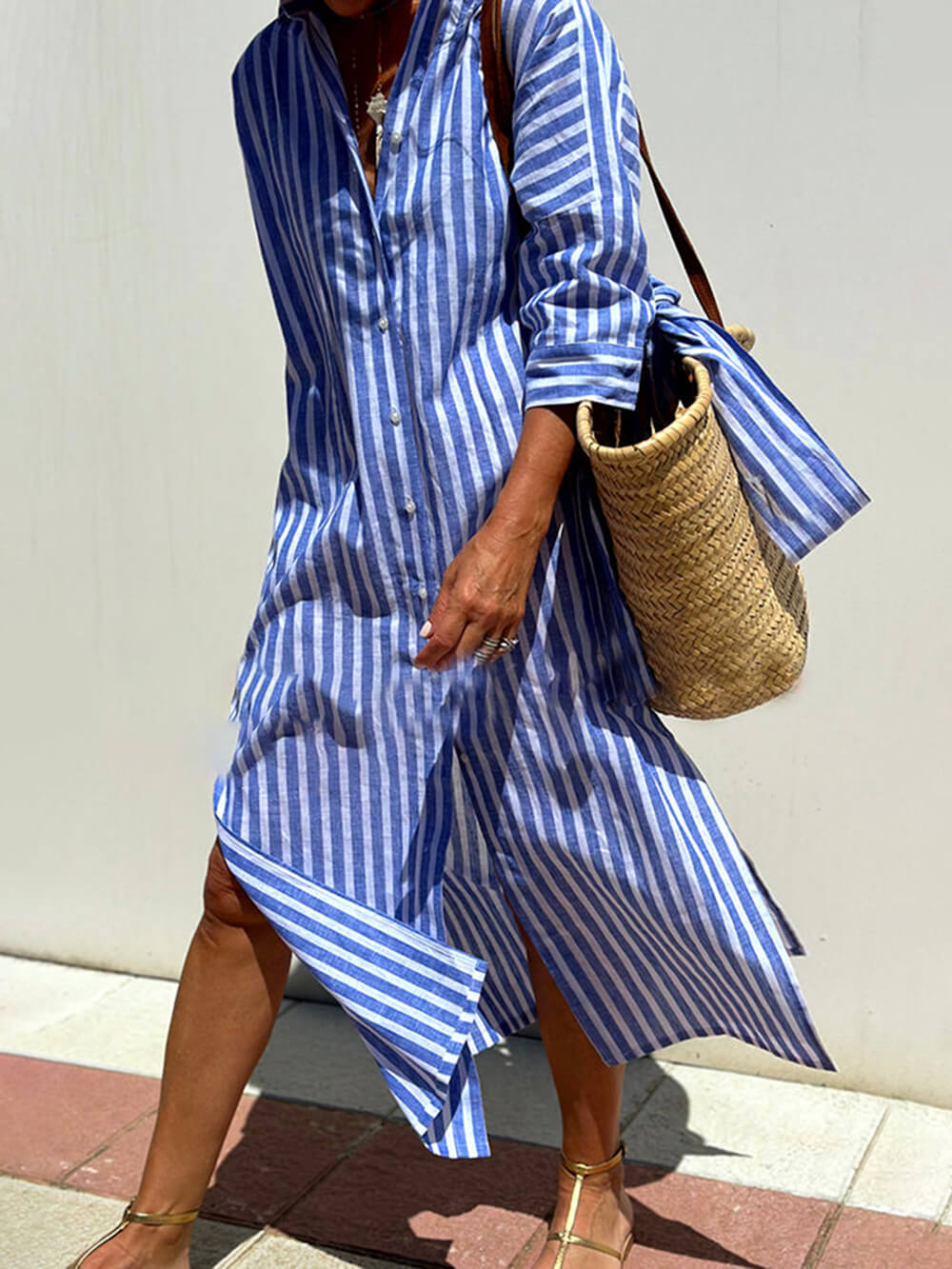 Splendor Stripes Printed Button Half Sleeve Belt Shirt Midi Dress-Massicos