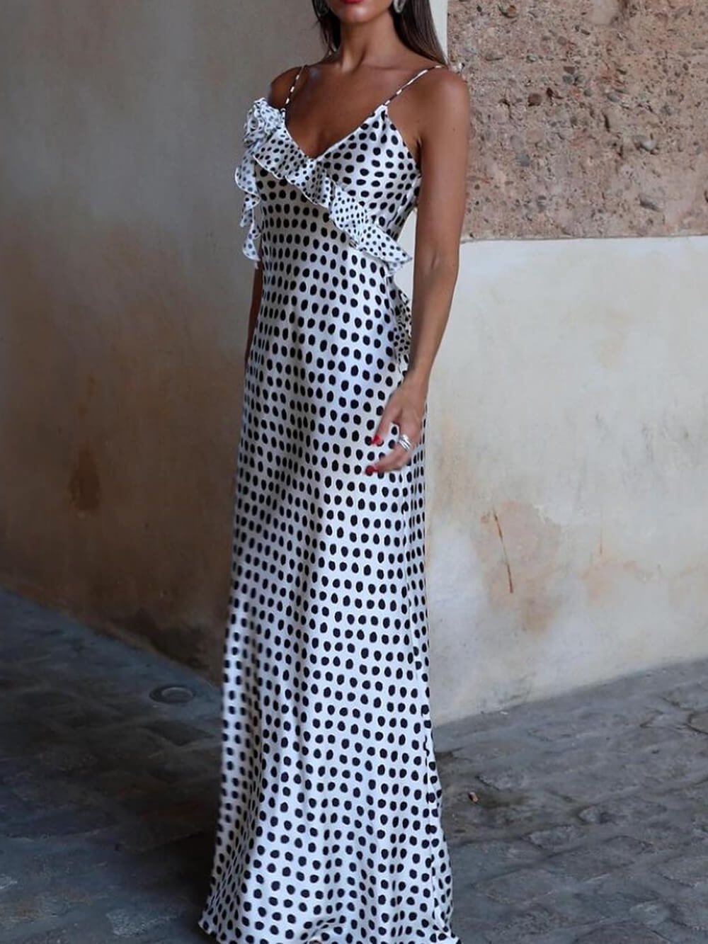 Fantasy Polka Dot Print Guipure Ruffled Suspender Maxi  Dress-ROVOLE