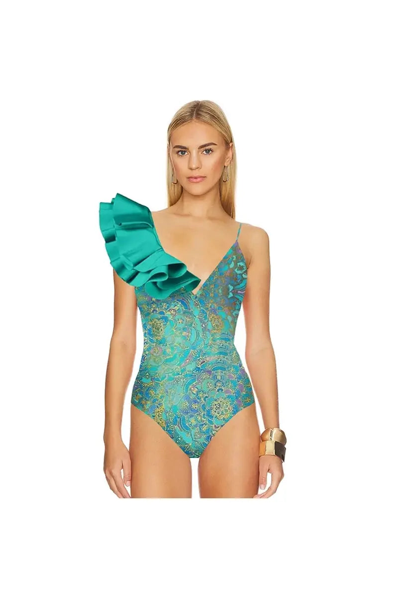 Boho Ruffle Print One Piece Swimsuit Set-ROVOLE