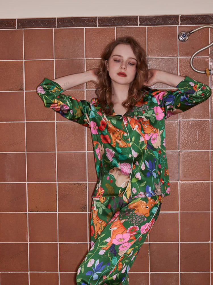 Forest Garden Print Ice Silk Long Sleeve Casual Wear Set-Massicos