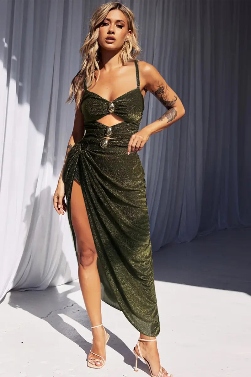 Gold Buckle Cutout Glossy One Piece Swimsuit Set-ROVOLE