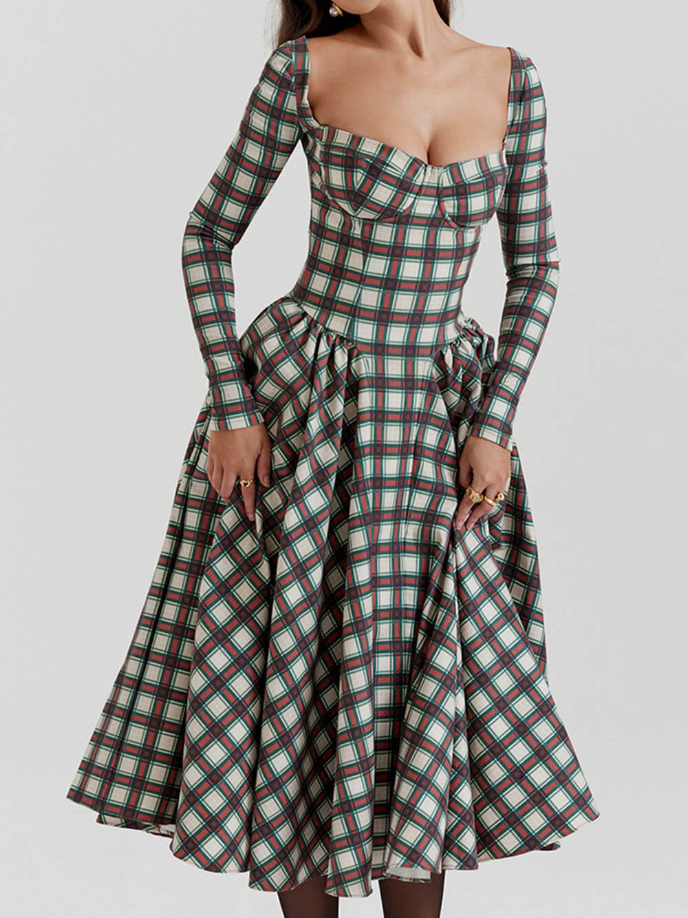 Red Tartan Corset Midi Dress-Massicos