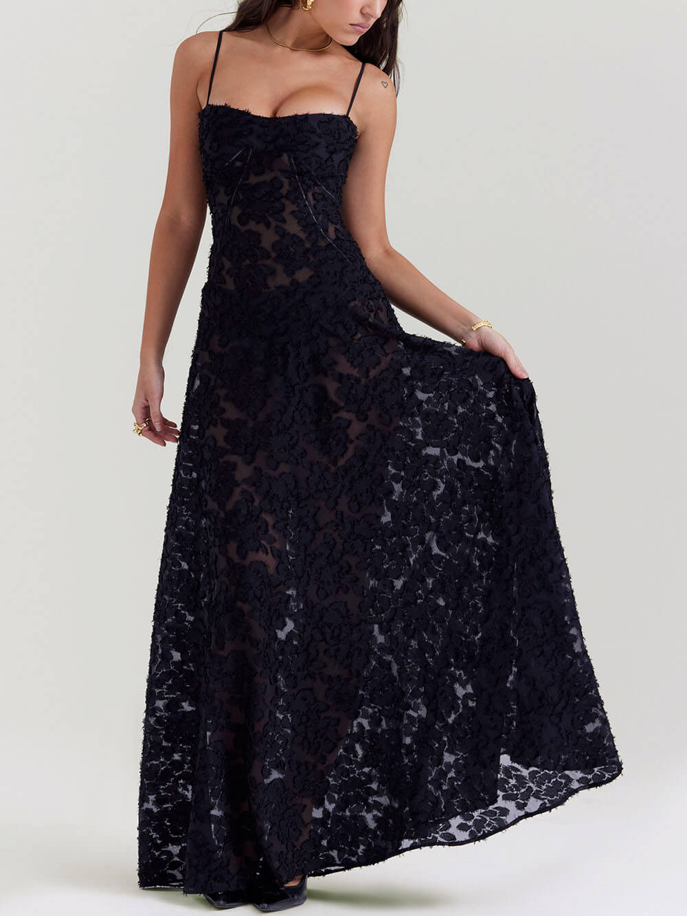 Black Floral Lace Back Maxi Dress-Massicos