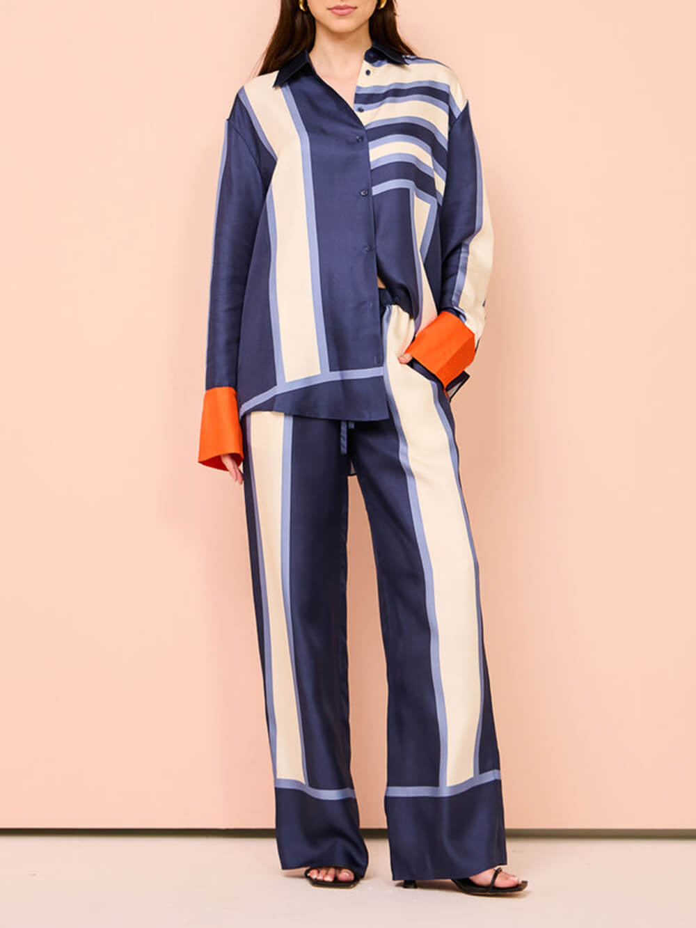 Striped Patchwork Unique Printed Elastic Waist Pocket Wide Leg Pants-Massicos