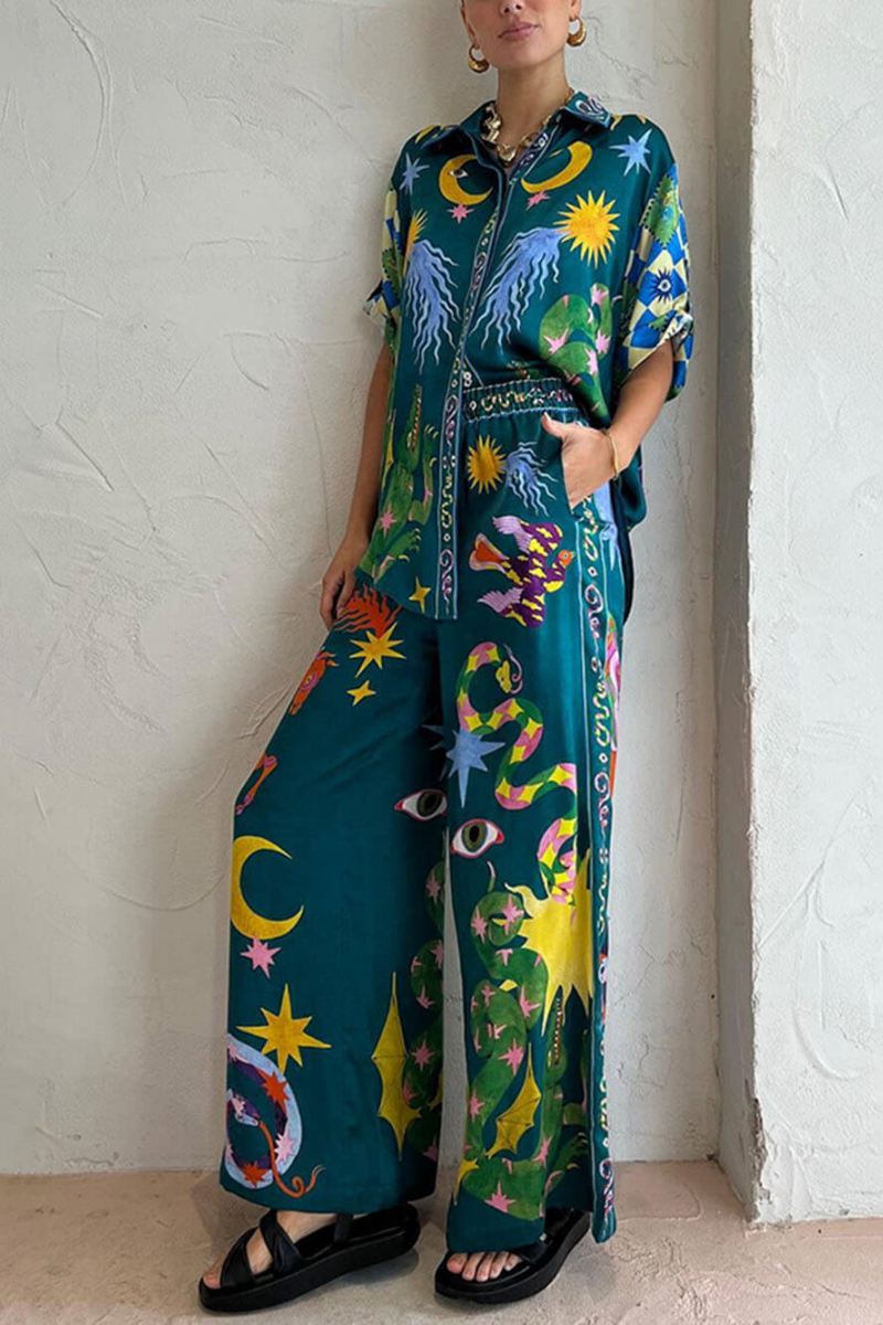 Unique Print Elastic Waist Pocketed Wide Leg Pants Set-ROVOLE