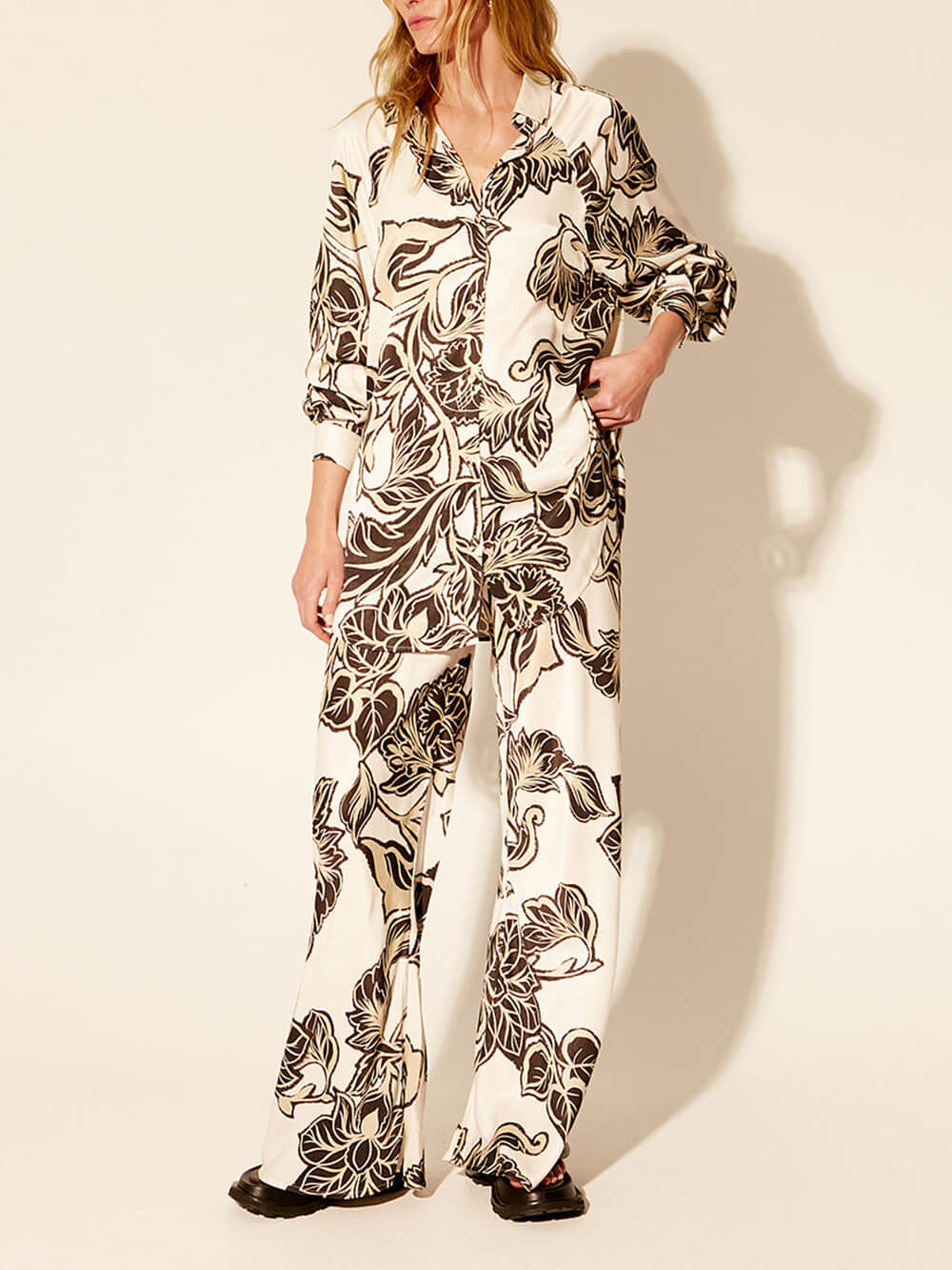 Exquisite Floral Print Elastic Loose Pocket Wide Leg Pants-Massicos