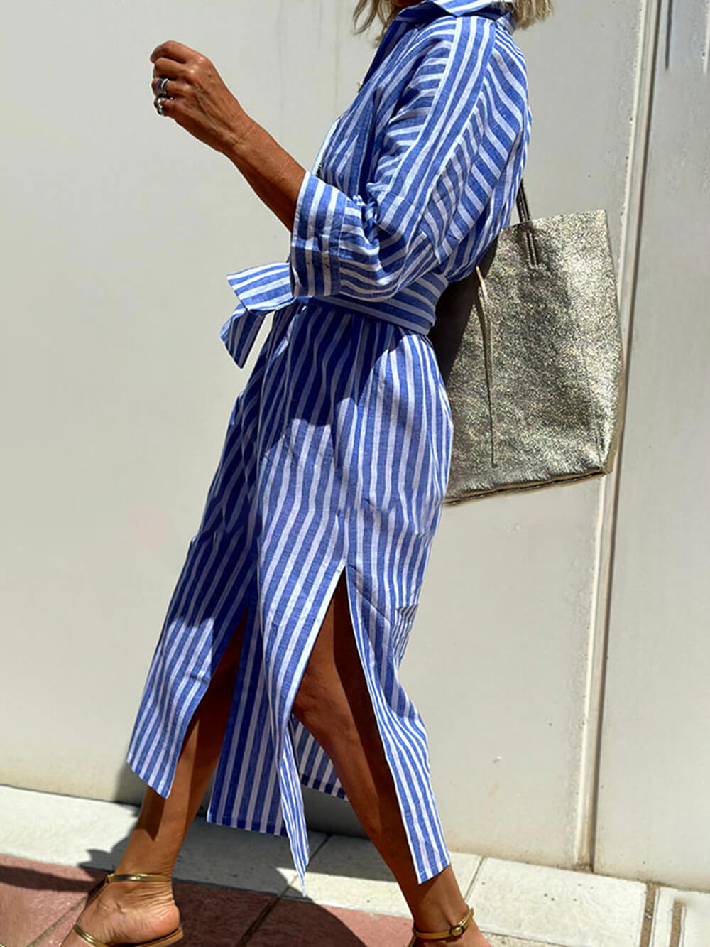 Splendor Stripes Printed Button Half Sleeve Belt Shirt Midi Dress-Massicos