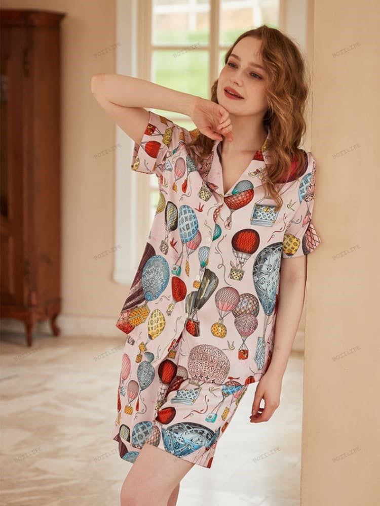 Hot Air Balloon Print Ice Silk Open-Front Short-Sleeve Pajama Set-Massicos