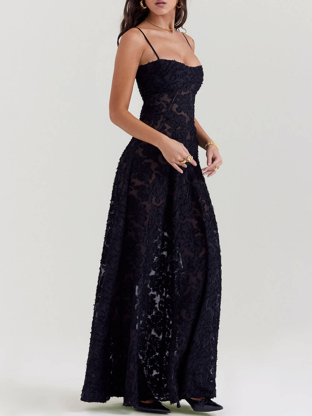 Black Floral Lace Back Maxi Dress-Massicos