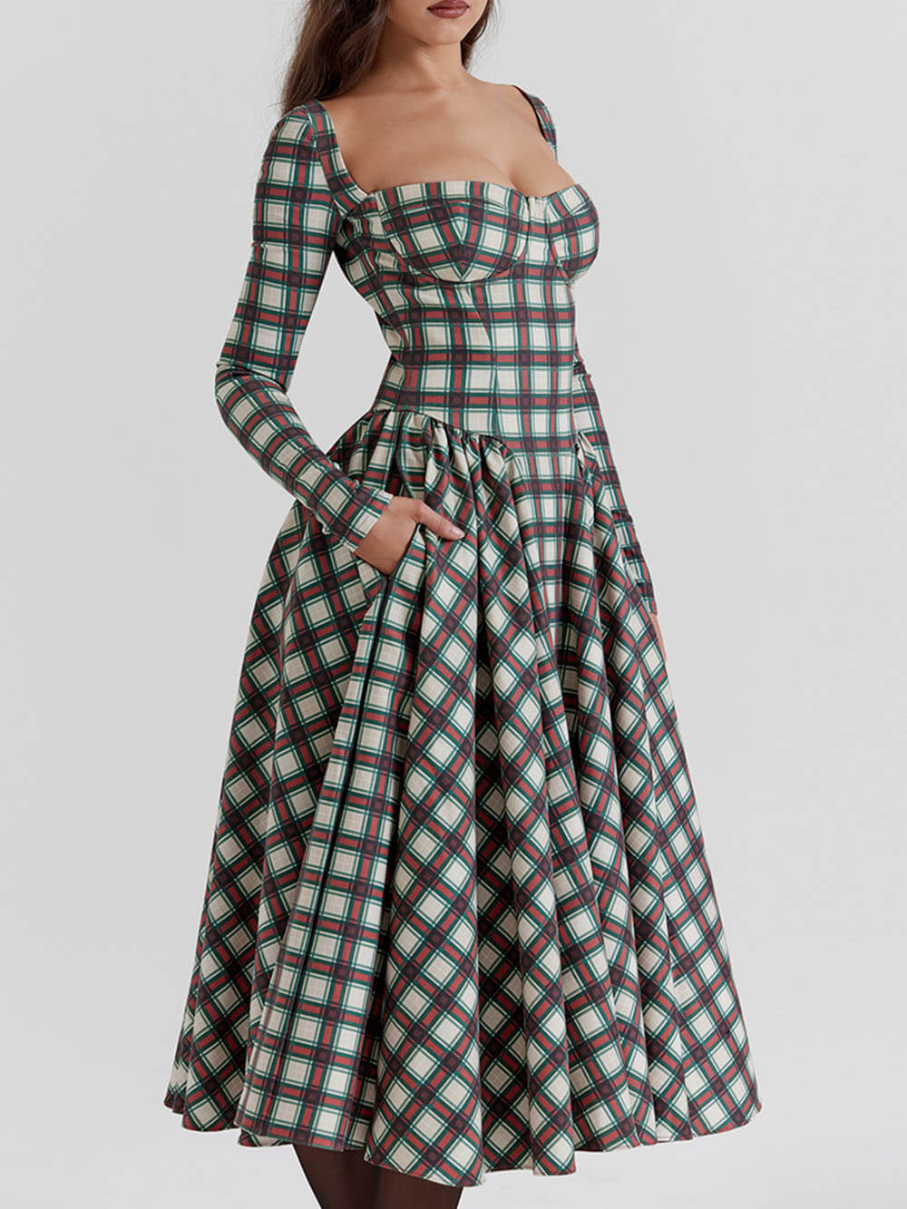 Red Tartan Corset Midi Dress-Massicos
