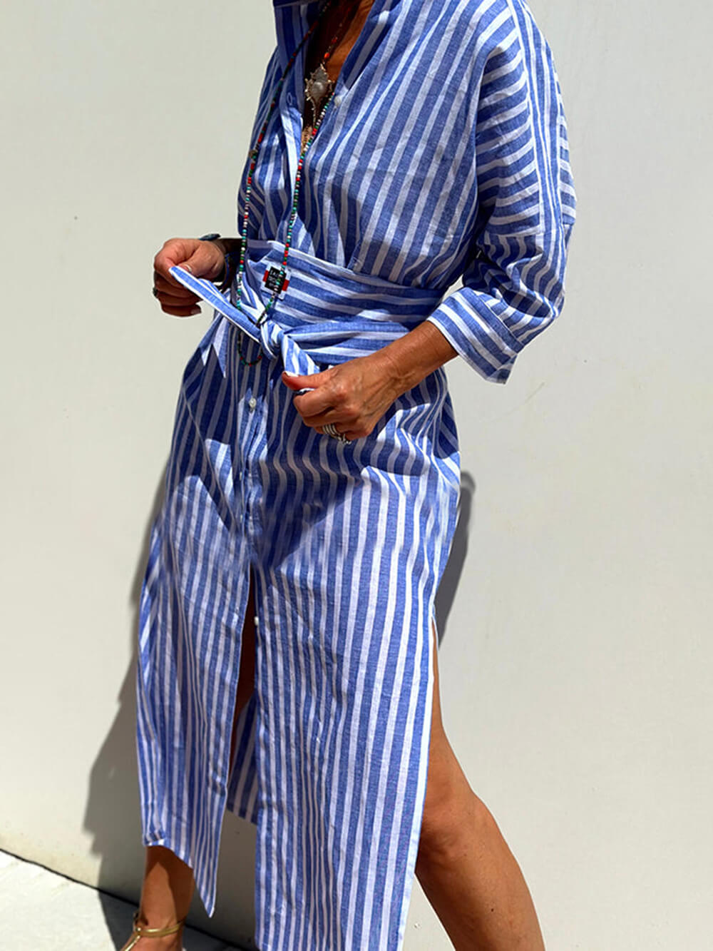 Splendor Stripes Printed Button Half Sleeve Belt Shirt Midi Dress-Massicos