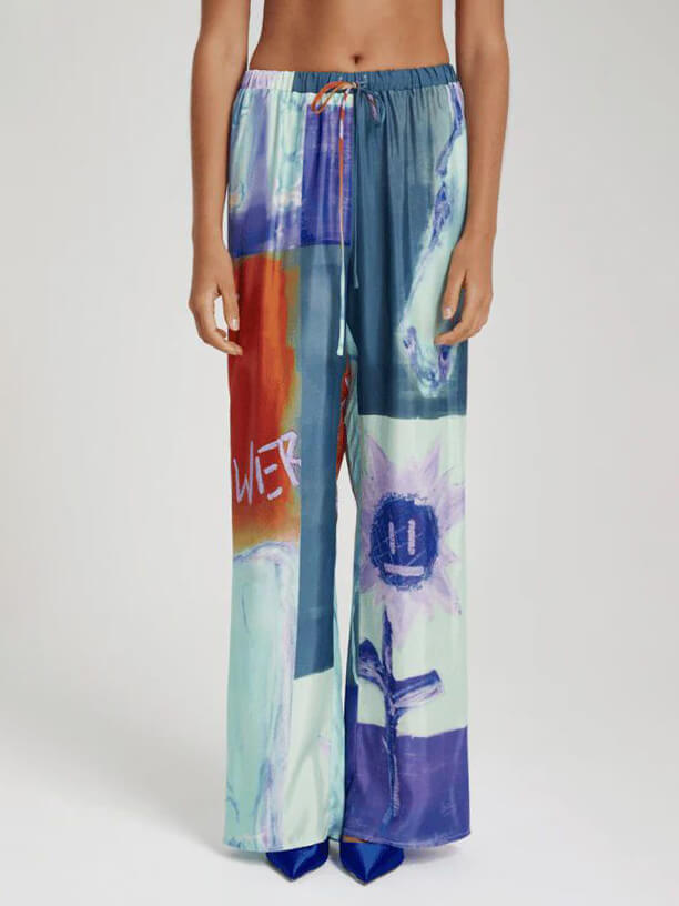 Unique Ink Floral Print Loose Wide-Leg Pants-Massicos