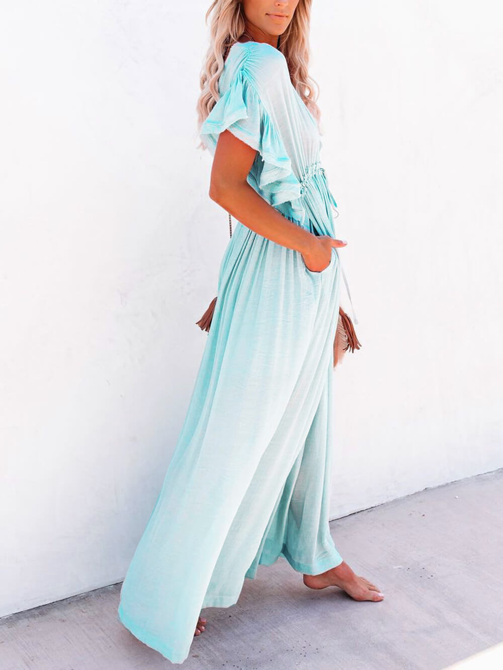 Button Cotton Linen Perfect Beach Boho Maxi Dress-Massicos