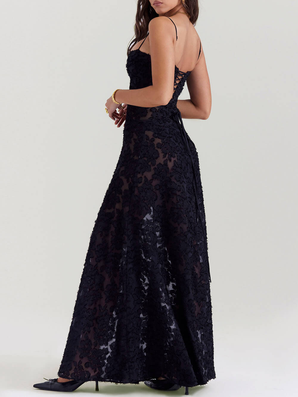 Black Floral Lace Back Maxi Dress-Massicos