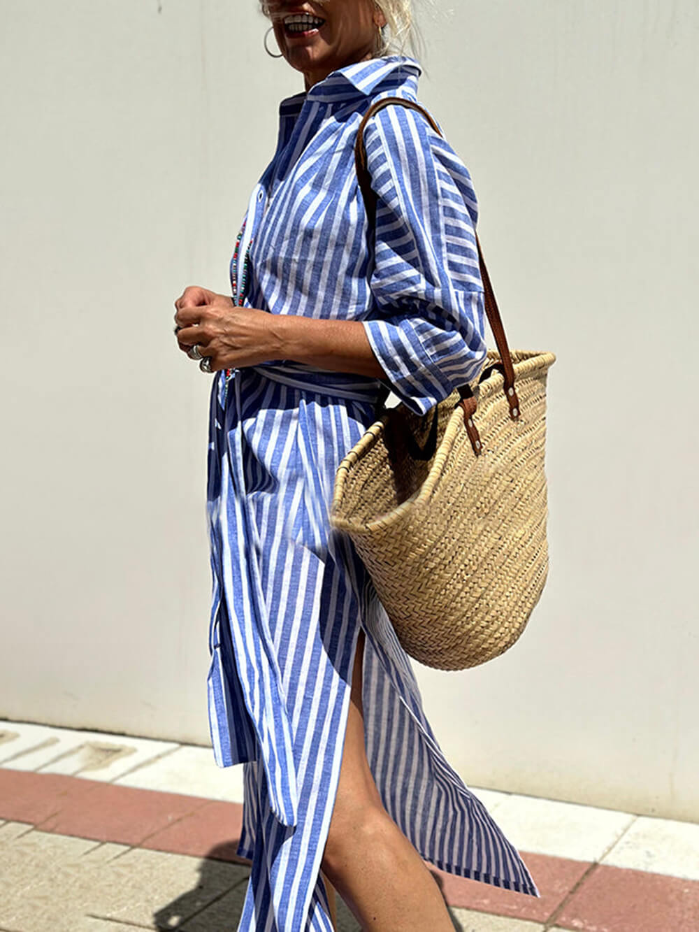 Splendor Stripes Printed Button Half Sleeve Belt Shirt Midi Dress-Massicos
