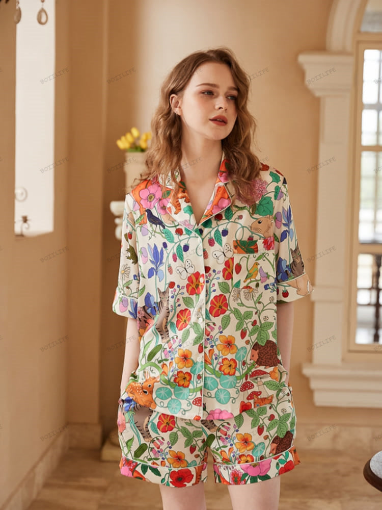 White Forest Garden Print Ice Silk Short Loungewear Set-Massicos