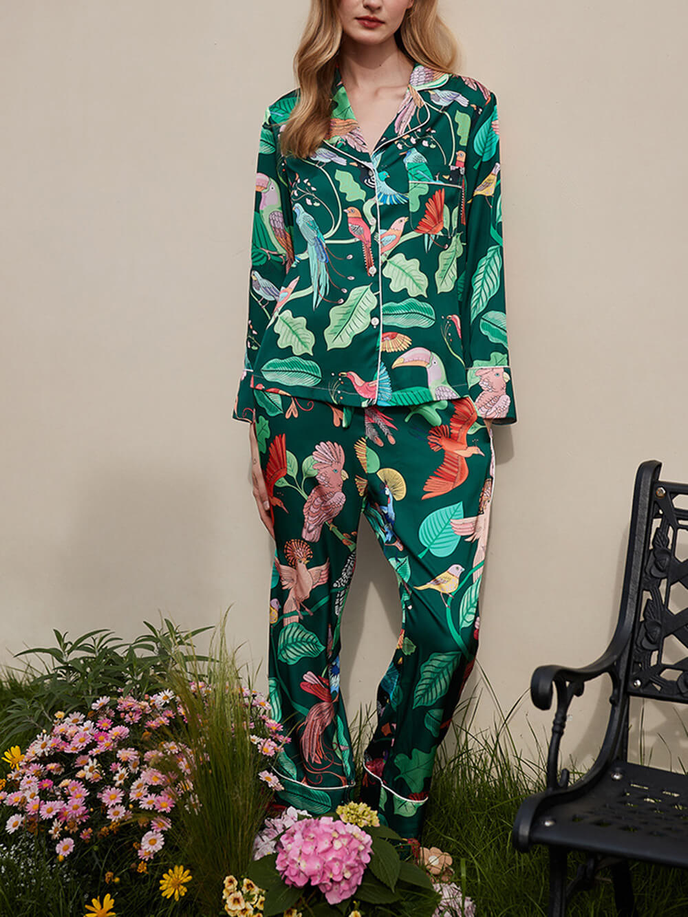 Green Parrot Print Silk Pajama Set-Massicos