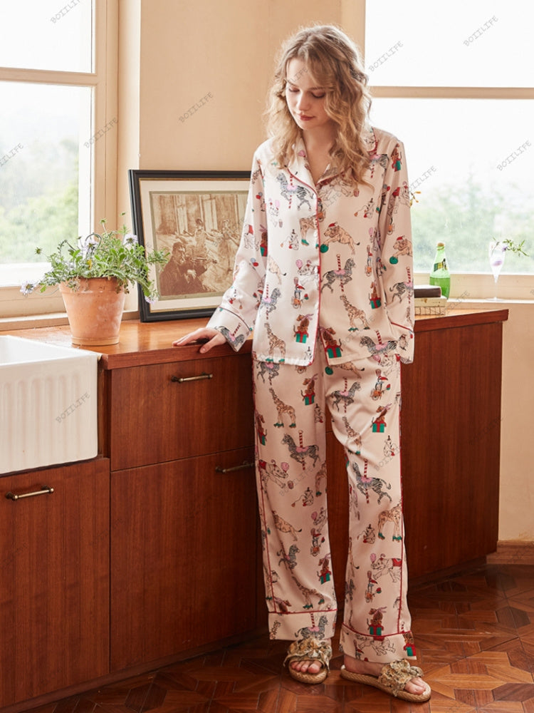 Circus Print Ice Silk Pajama Loungewear Set-Massicos