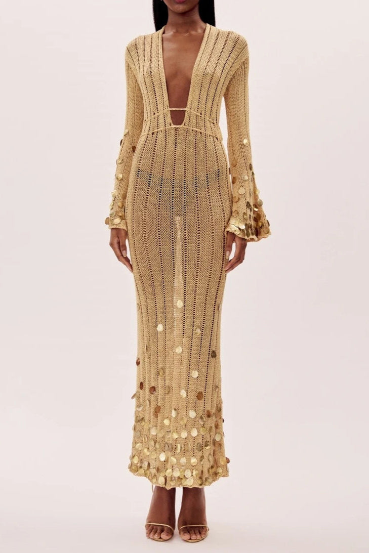 Dolly Gold Knit Maxi Dress-ROVOLE