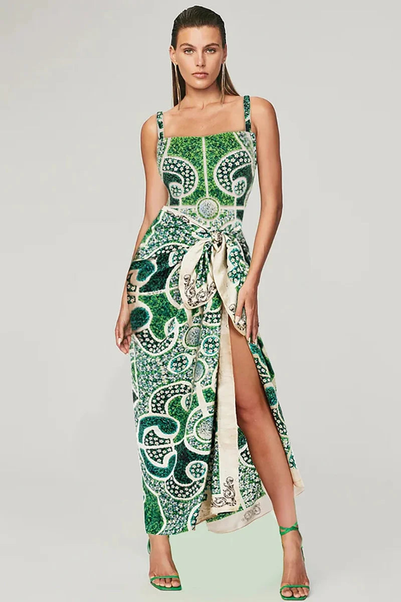 Green Ethnic Print One Piece Swimsuit Set-ROVOLE