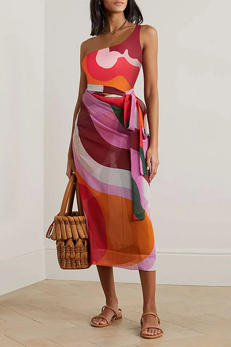 Geometric Print One Piece Swimsuit Set-ROVOLE