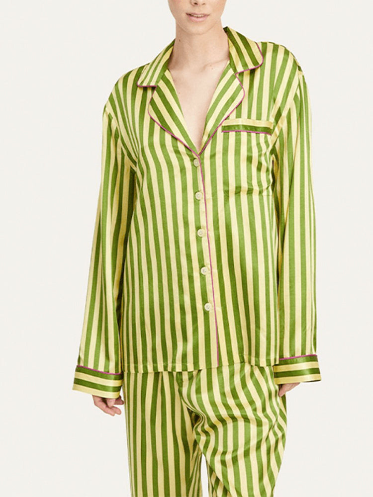 Vintage Green Striped Long Sleeve Pajama Set-Massicos