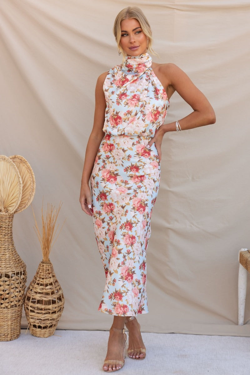Wine Country Dates Floral Halter Neck Elastic Waist Maxi Dress-Massicos