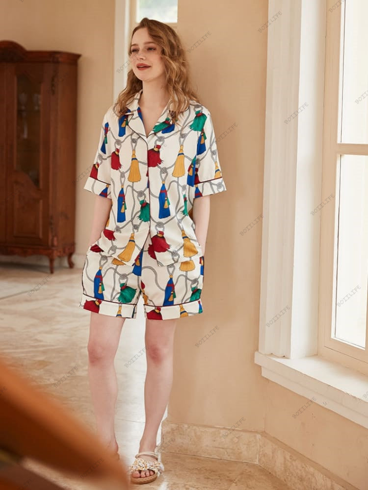 Fringe Pattern Ice Silk Short-Sleeve Loungewear Set-Massicos