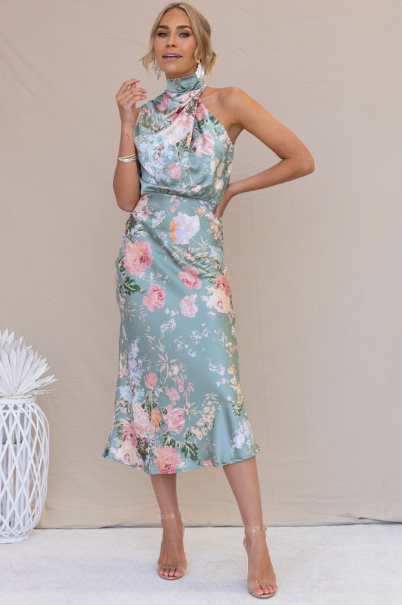 Wine Country Dates Floral Halter Neck Elastic Waist Maxi Dress-Massicos