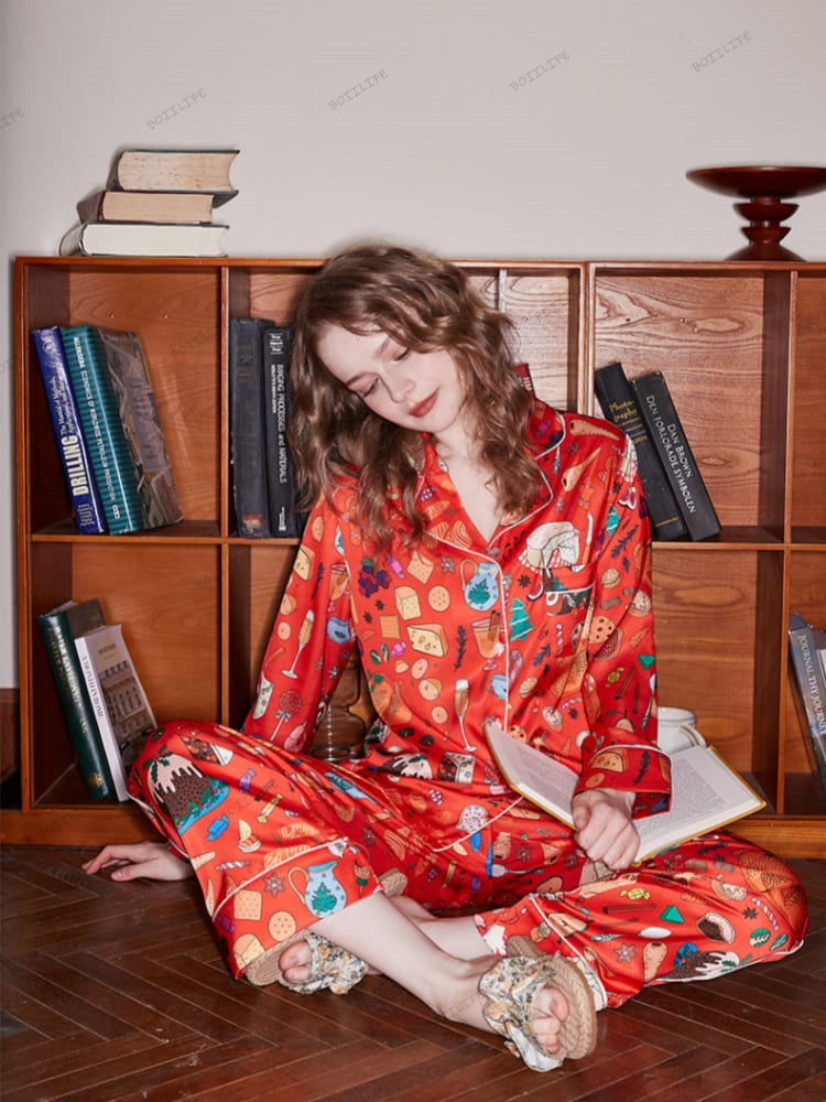 Dessert Print Long Sleeve Ice Silk Loungewear Set-Massicos