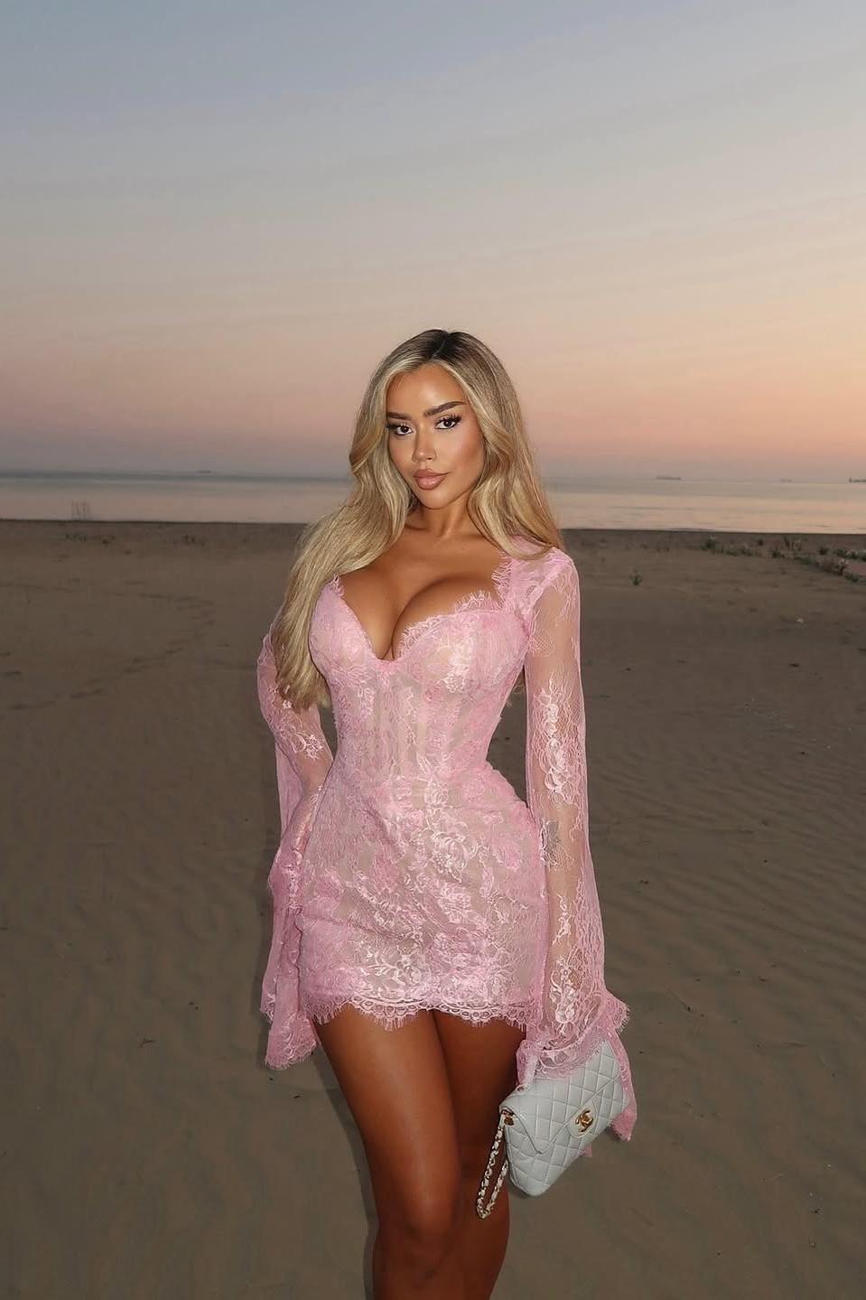 Whispers of Blush Lace Bell-Sleeve Mini Dress-ROVOLE