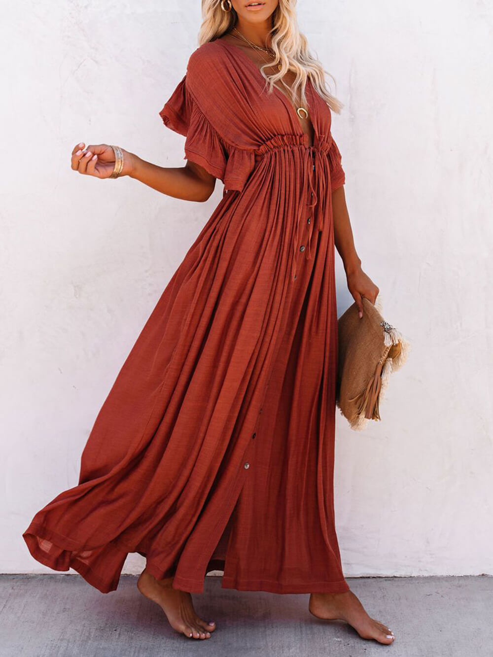 Button Cotton Linen Perfect Beach Boho Maxi Dress-Massicos